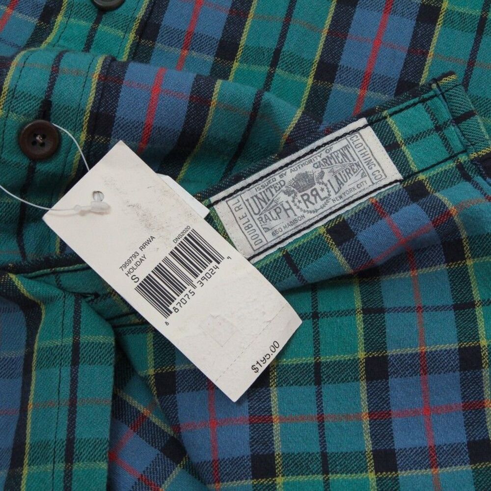 RRL Double Ralph Lauren Cotton Green/Blue Multi Plaid Button Down Shirt, Small - Picture 8 of 12